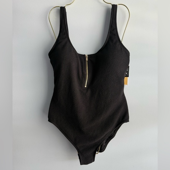 Michael Kors Women's Black Zip-Front One-Piece Swimsuit Size Large
